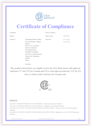 Sinpolo Doors & Windows uppnår prestigefylld CSA -certifiering, stärker global efterlevnad i byggnadsmaterial